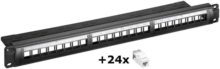 Goobay 95336 Keystone Patch Panel 24 Port / 19 Zoll Gehäuse mit 24x CAT 6 RJ45 Keystone Modulen / 1