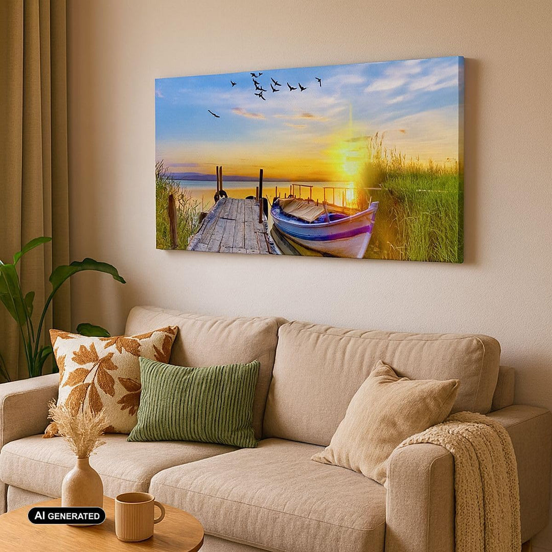 Wandbilder Dekoration Wohnzimmer See Boot Wasser Panorama Bilder auf Leinwand 120x50cm Leinwandbild