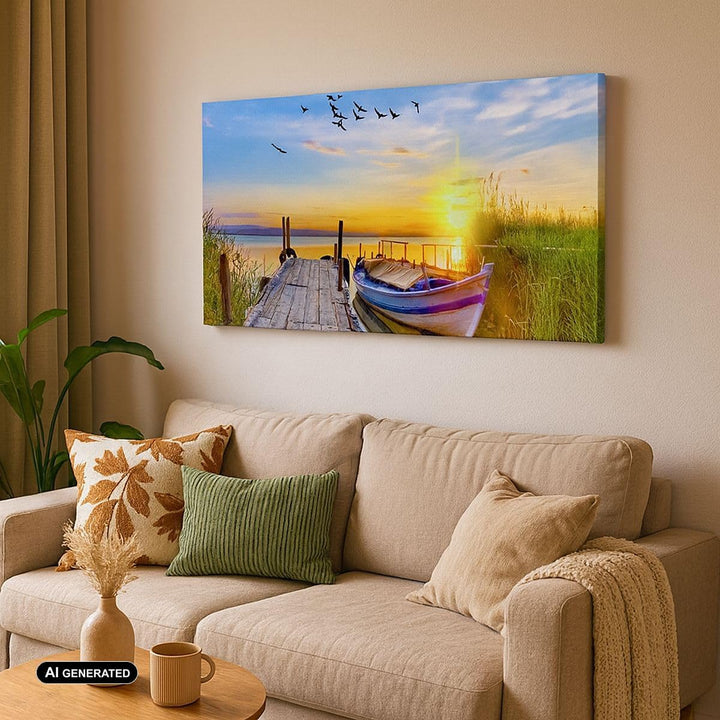 Wandbilder Dekoration Wohnzimmer See Boot Wasser Panorama Bilder auf Leinwand 120x50cm Leinwandbild