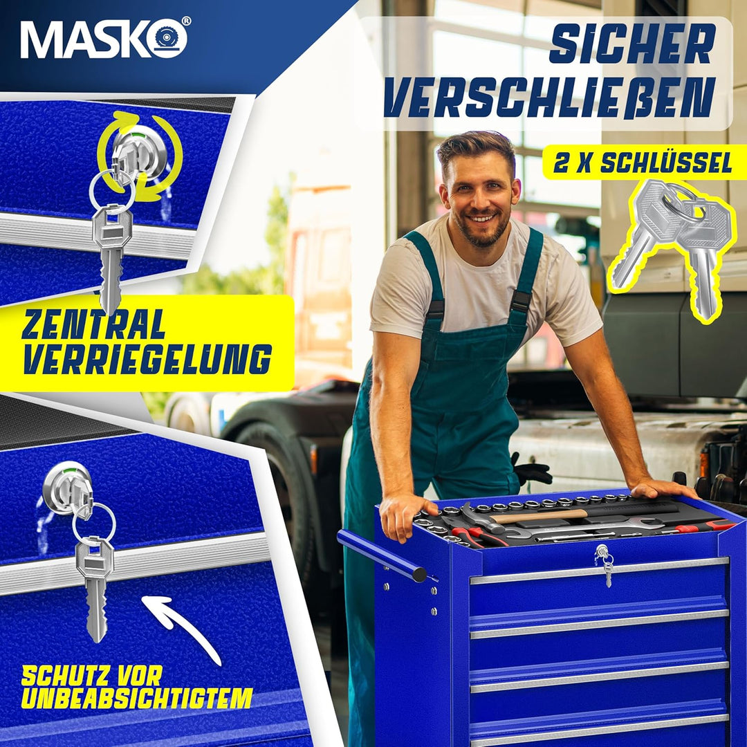Masko® Werkstattwagen - 5 Schubladen, Abschliessbar | Massives Metall | Mobiler Werkzeug-Wagen ohne