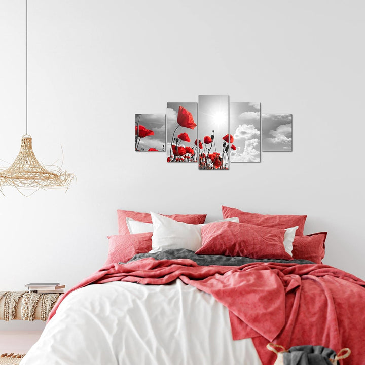 Runa Art Wandbilder Blumen Mohnblume 5 Teilig Bild auf Vlies Leinwand Deko Wohnzimmer Feld Grau Rot