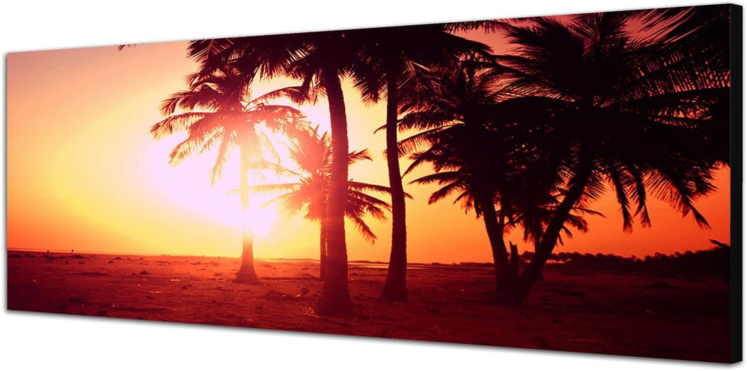 Paul Sinus Art Panoramabild auf Leinwand und Keilrahmen 150x50cm Tropen Palmen Strand Sonnenuntergan