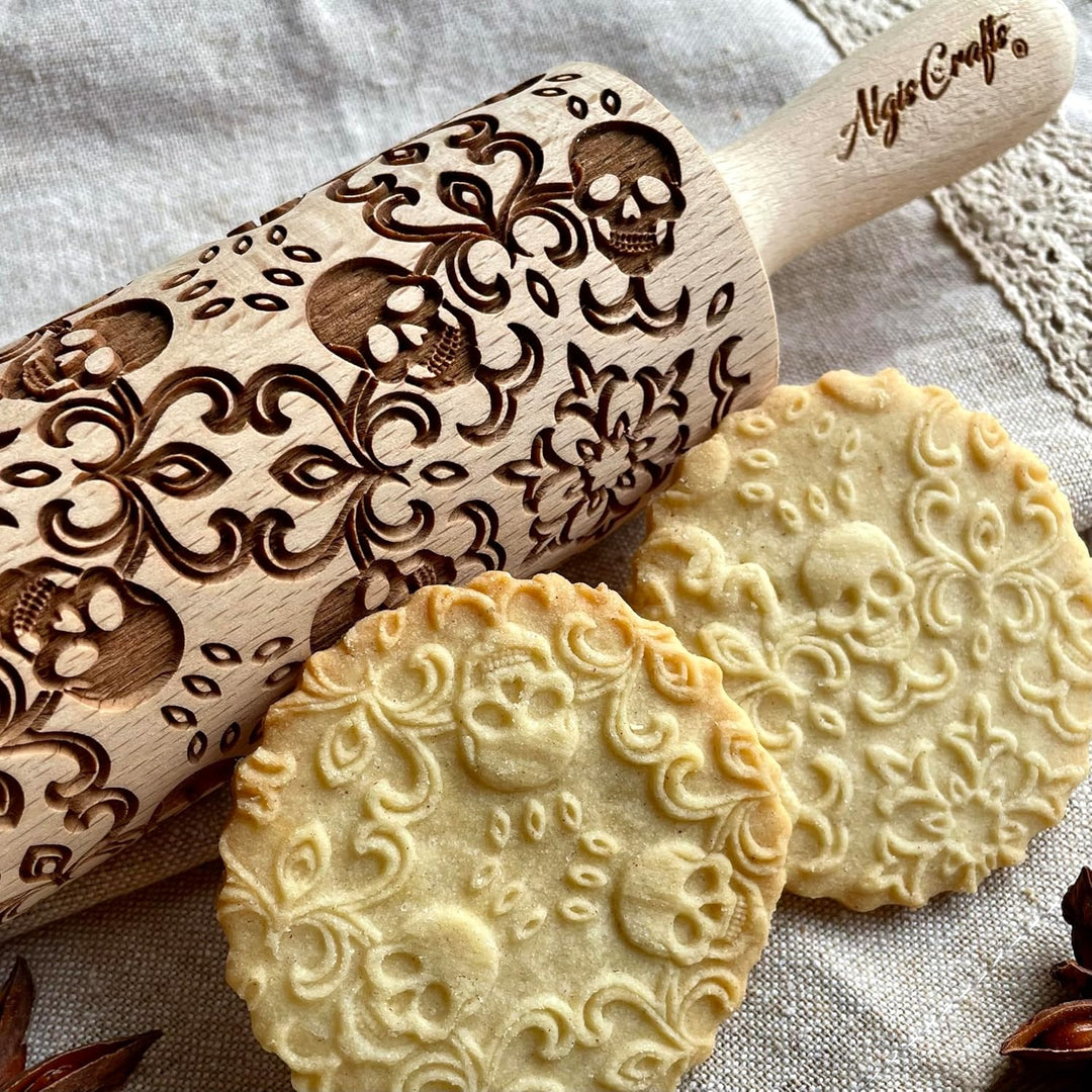 SCHÄDEL Halloween Nudelholz mit Muster - Teigroller Holz mit Totenkopf für DIY Plätzchen, Kekse- Gra