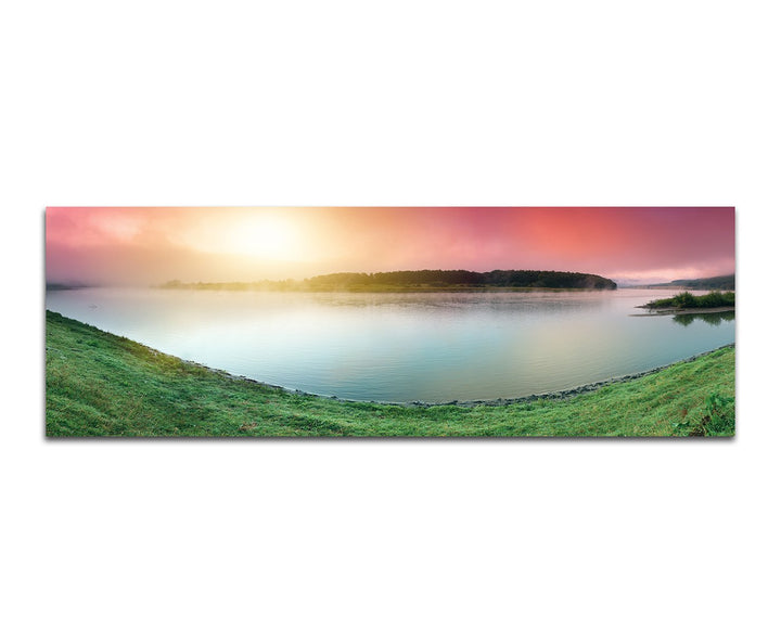 Paul Sinus Art Panoramabild auf Leinwand und Keilrahmen 150x50cm Sonnenaufgang Fluss Wiese Landschaf