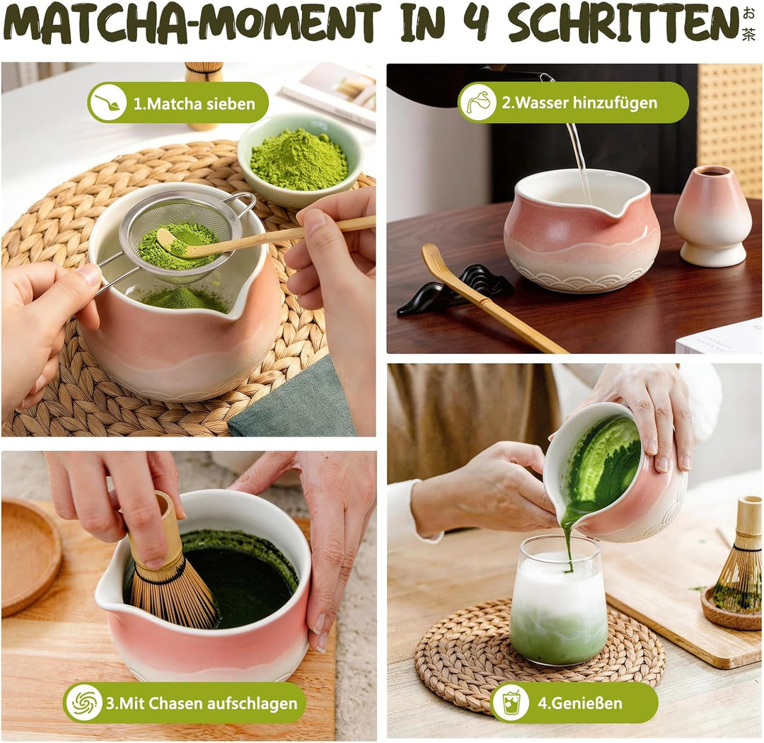 Matcha Set 7-teilig | Premium Tee-Zeremonie Set mit Matcha-Schale, Bambus-Chasen (100+ Spitzen), Hal