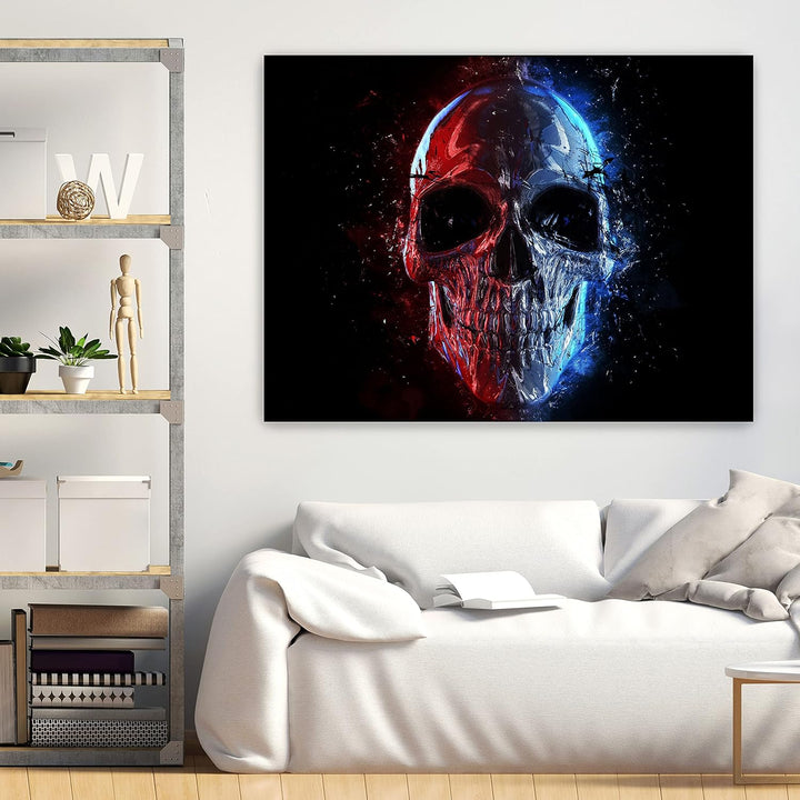 wandmotiv24 Totenkopf Wandbild aus Acrylglas, Grösse 100x75cm, Querformat, silberner Schädel, Rot &
