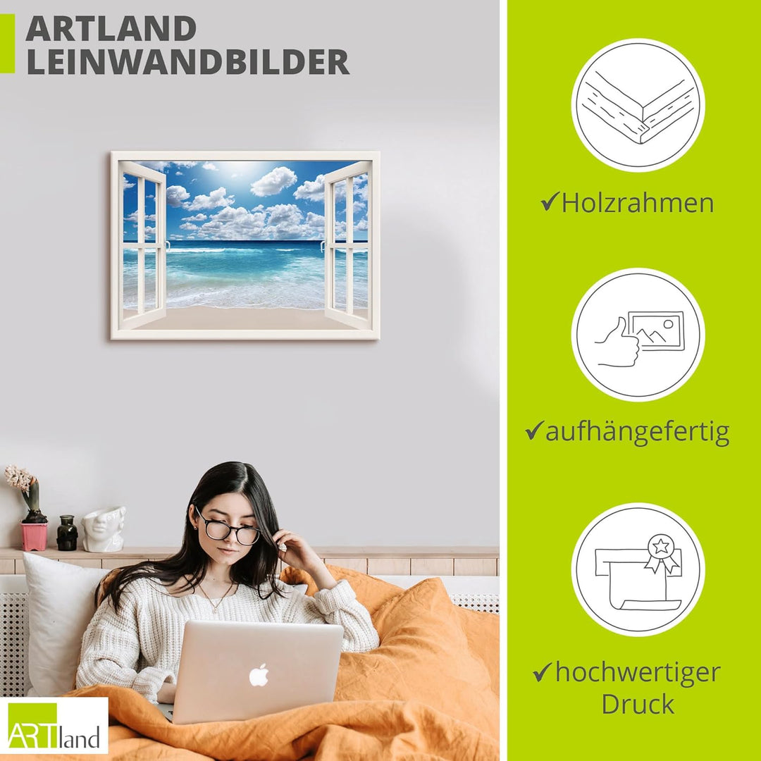 Artland Leinwandbild Wandbild Bild auf Leinwand 100x70 cm Wanddeko Fensterblick Fenster Strand Meer