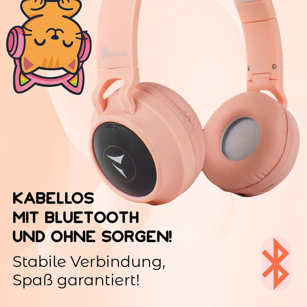 Techmade - Kabellose LED-Kopfhörer | Katzenohr-Design mit Mikrofon | Klarer Klang & Funktionstasten