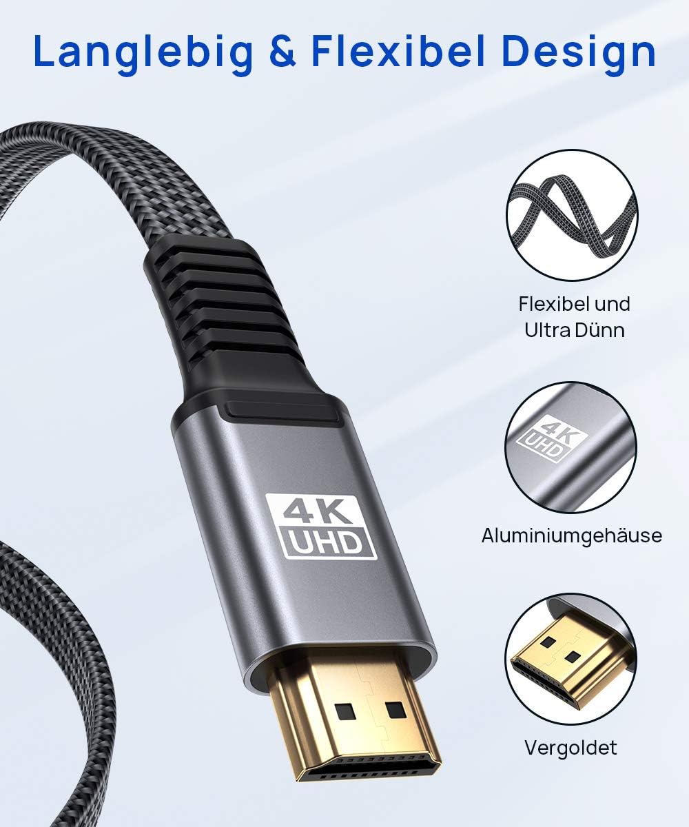 JSAUX HDMI Kabel 4Meter [4K@60Hz,HDMI 2.0,18Gbps] Flach HDMI 2.0 Kabel Highspeed 5M HDMI Nylon Geflo
