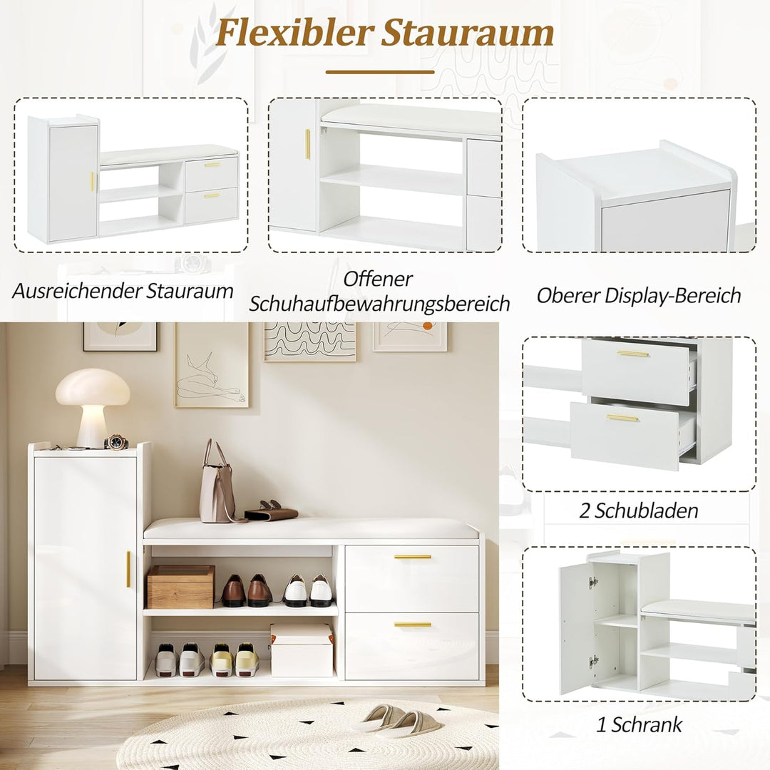 Merax Schuhschrank 128 × 30 × 68 cm mit Sitzbank &amp; Stauraum, Hochglanz Schuhregal mit 2 Schubladen u