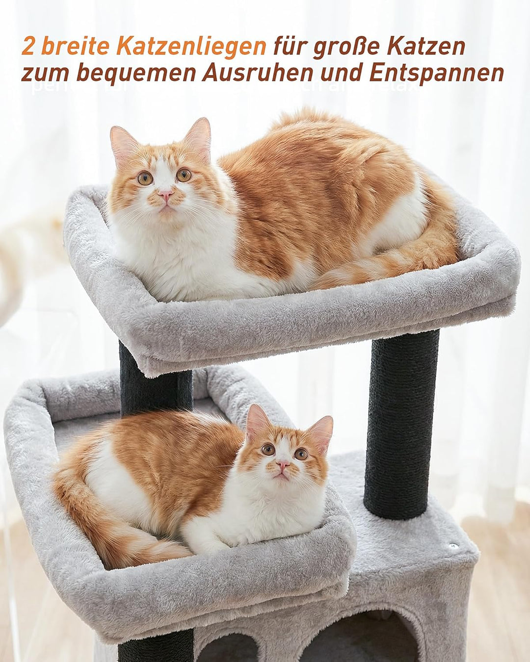 Kratzbaum für Grosse Katzen, 4 Ebenen Katzenbaum 55×45×111 cm, 2 Extra Hohe Jute-Kratzstämme (45 cm