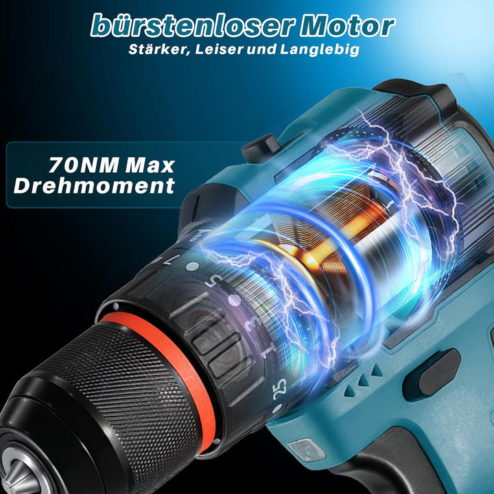 21V Bürstenlos Akkuschrauber, Akku Bohrschrauber mit 2 Akkus 2.0Ah, 70 Nm, 25+3 Drehmomentstufen, 2