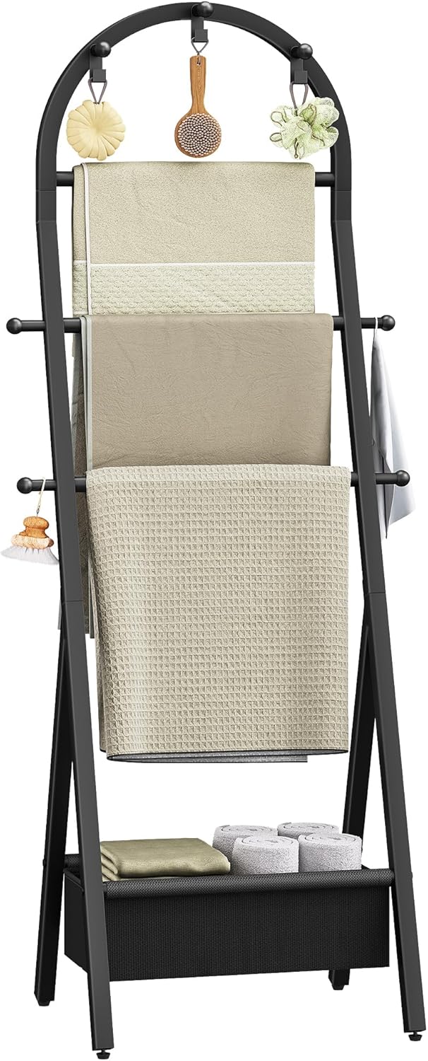 Hzuaneri Handtuchhalter, Handtuchständer mit Haken & Stoffkörben, reistehender Handtuchhalter Boden