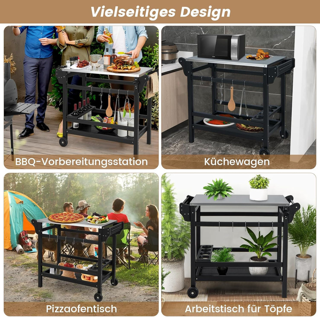 GOPLUS Grillwagen, Grilltisch Outdoor mit Griff, Ablagen, Haken, Winehalter & Rollen, multifunktiona