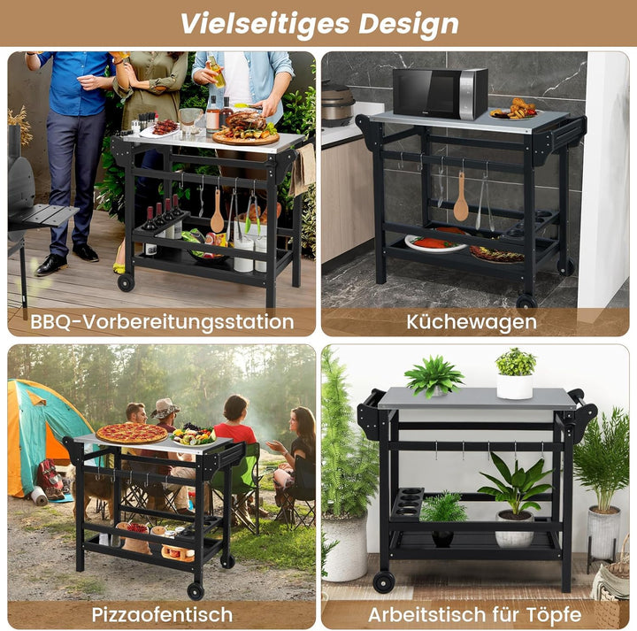 GOPLUS Grillwagen, Grilltisch Outdoor mit Griff, Ablagen, Haken, Winehalter & Rollen, multifunktiona