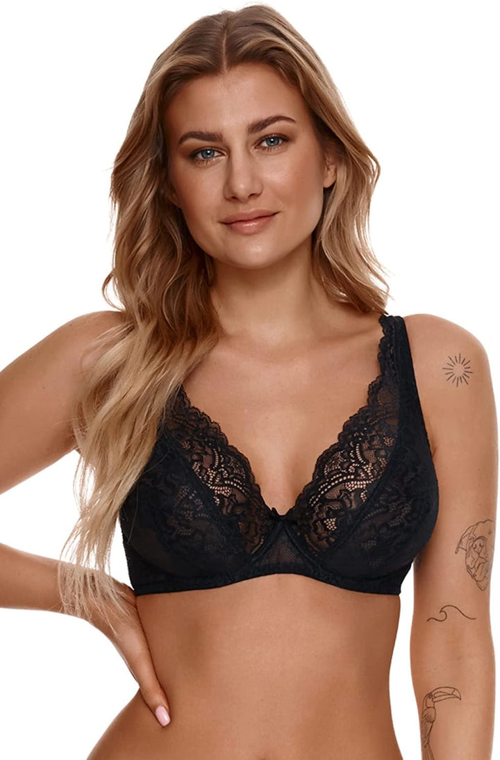 Lupoline Dame Soft BH Bralette Bügel Spitze Weiche Schalen Geblümt Elegant 149 65C Schwarz, 65C Schw