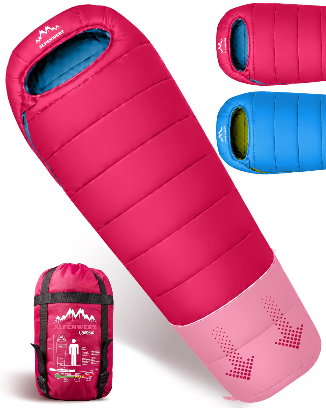 ALPENWERT® Kinderschlafsack Sommer – wächst mit! [130–170cm] – Nur 920g, Kompakt [32×19cm] – Perfekt