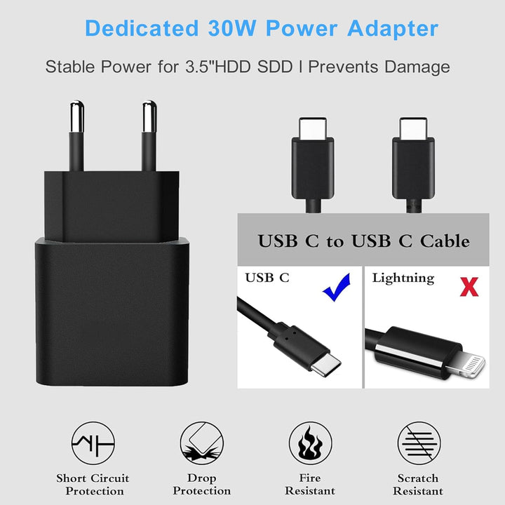 USB SATA Adapter mit 30-W Netzteil, 2-in-1 Type C/USB 3.0 auf SATA Festplatten Adapter 5Gbps unterst