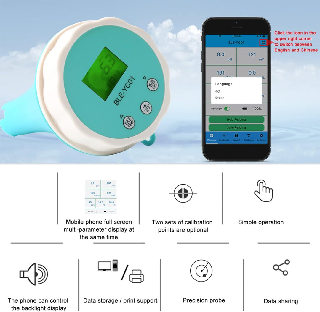 Digitales PH Messgerät, 6 in 1 PH Wert Messgerät Pool, Bluetooth Wassertester PH EC TDS ORP Temp Mon