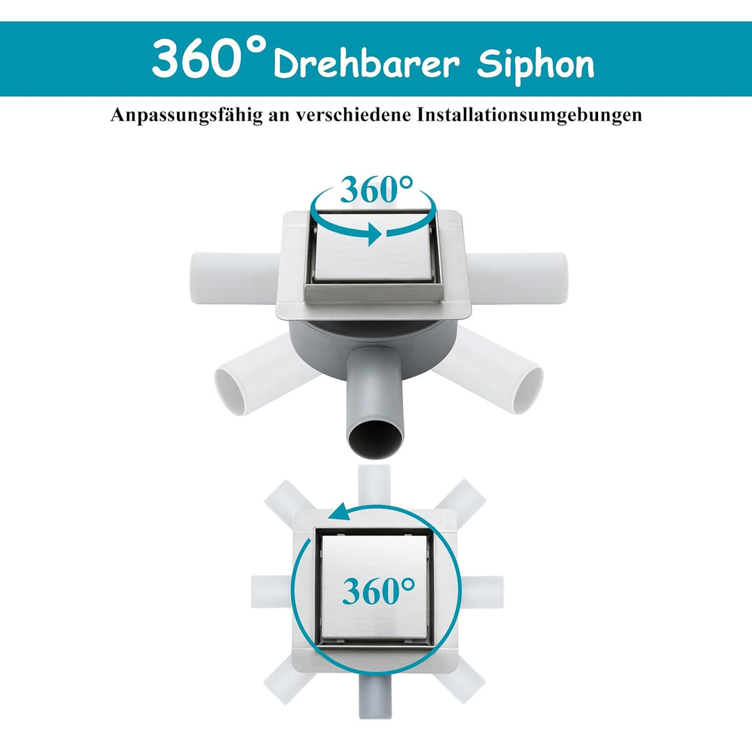 10x10cm Quadratischer Bodenablauf mit 360°Siphon - 2 in 1 Befliesbar Ablaufrinne Duschablauf, 2 Abla
