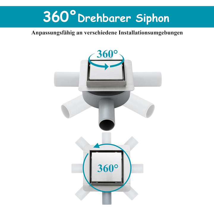 10x10cm Quadratischer Bodenablauf mit 360°Siphon - 2 in 1 Befliesbar Ablaufrinne Duschablauf, 2 Abla