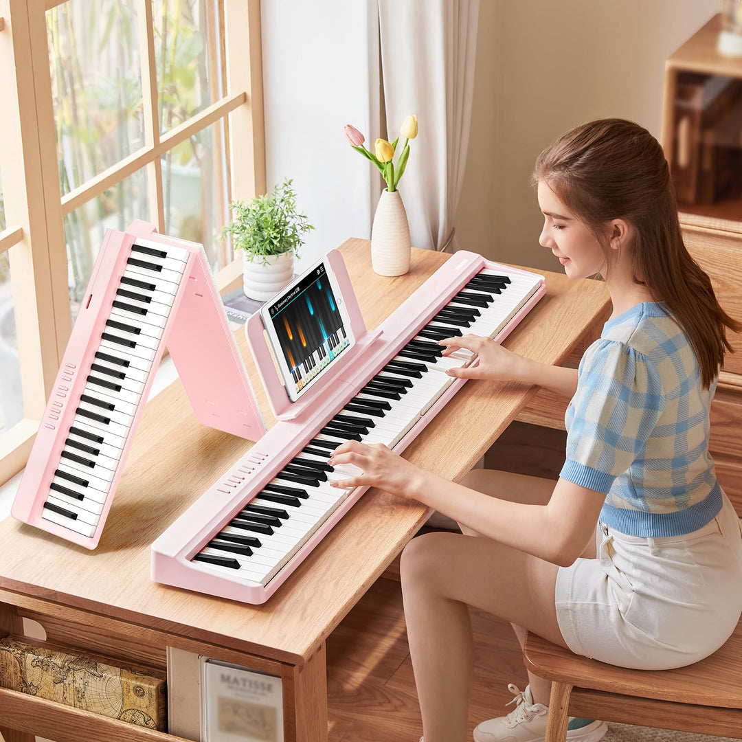 TERENCE E Piano 88 Tasten Rosa, Keyboard Piano mit Halbgewichtet, Faltbares Klavier mit Aufnahme und