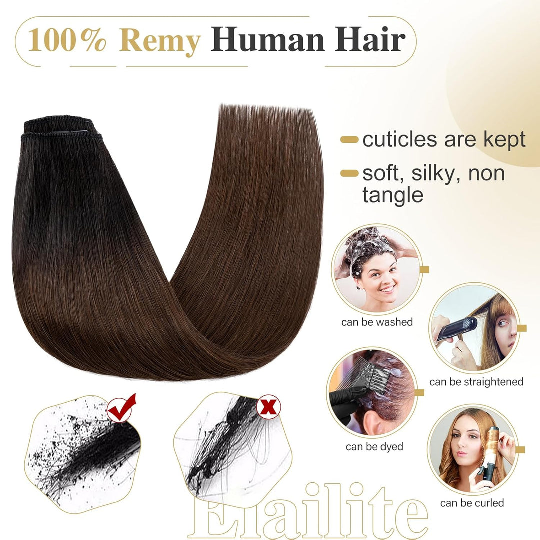 Elailite Extensions Echthaar Clip in 8 Tressen Glatt #1BT4 Naturschwarz ombre Mittelbraun, Haarverlä