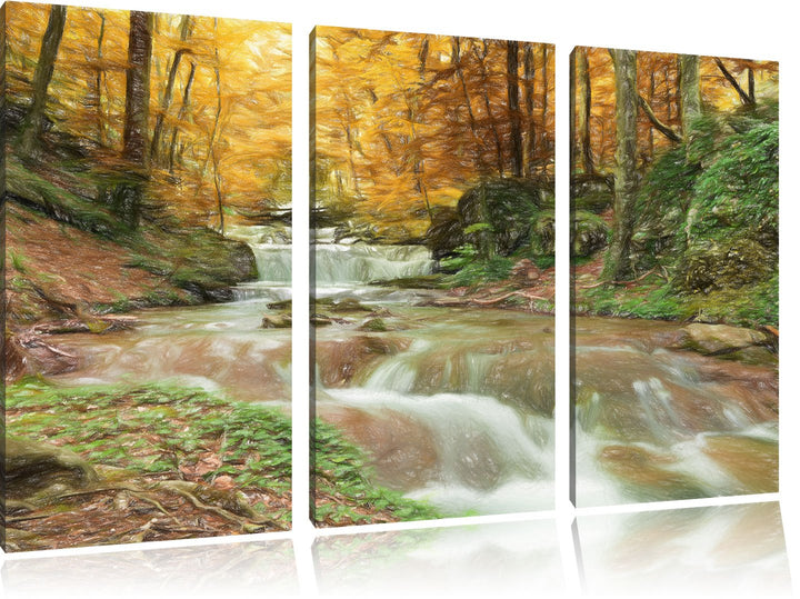 Pixxprint Waldbach im Herbst als Leinwandbild/Grösse: 3 Teilig (120x80) cm/Wandbild/Kunstdruck/ferti