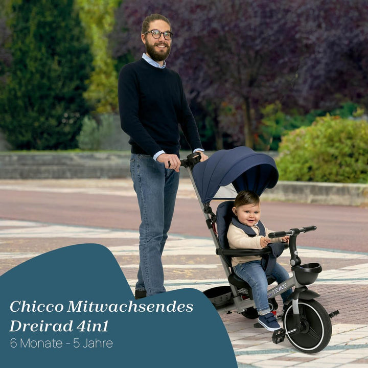 Chicco, 4in1 Trike, Metallrahmen, Eva-Gummiräder, 4-Punkt-Gurtsystem, Teleskopgriff und Abnehmbares