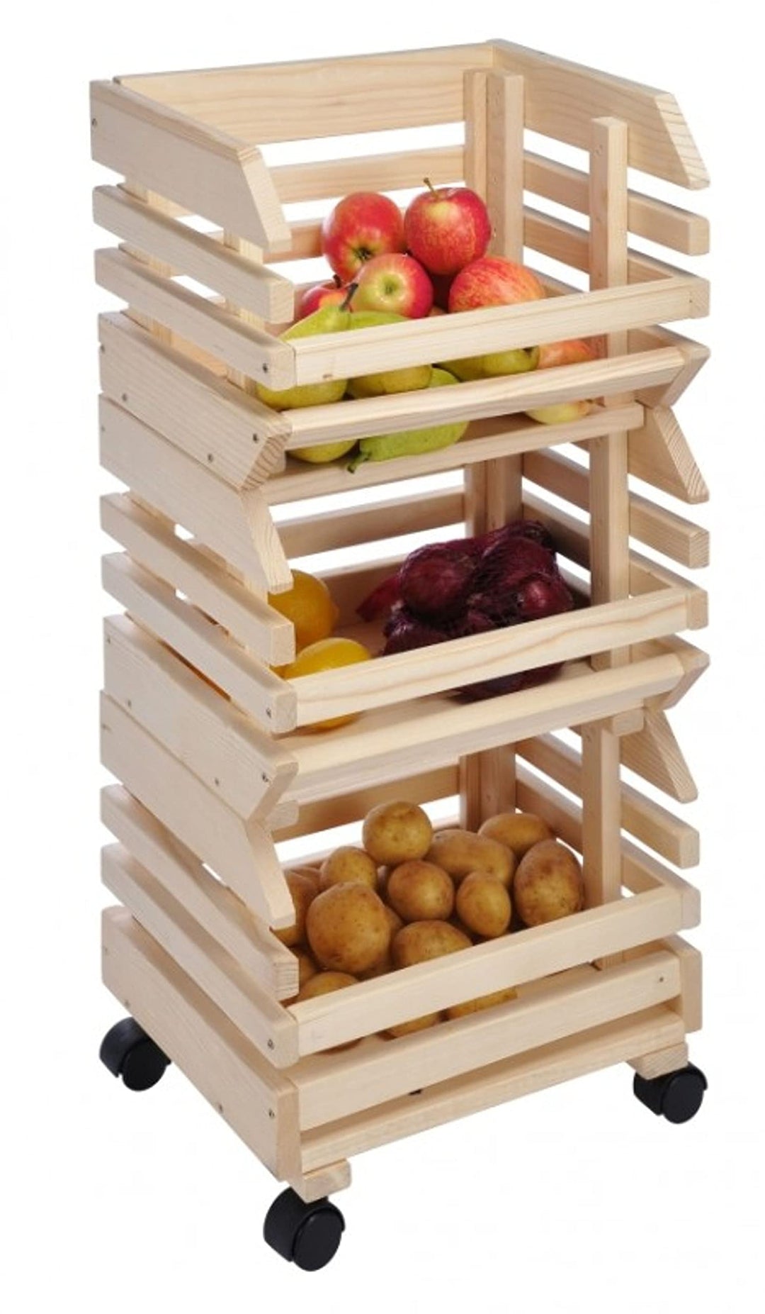 Haushalt International Kartoffelhorde Obsthorde Stapelhorde aus massivem Holz mit 4 Rollen - 37 cm x