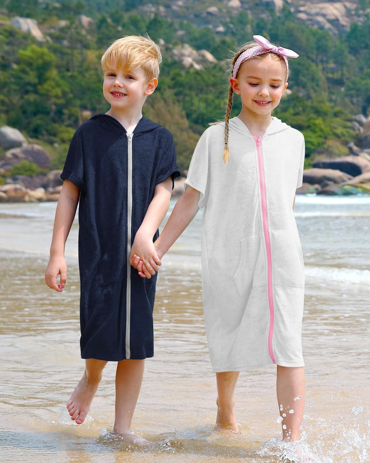 BesserBay Mädchen Badeponcho Kapuze Poncho mit Taschen Zip Cover Up Kinder Unisex 120-160 120 Weiss,