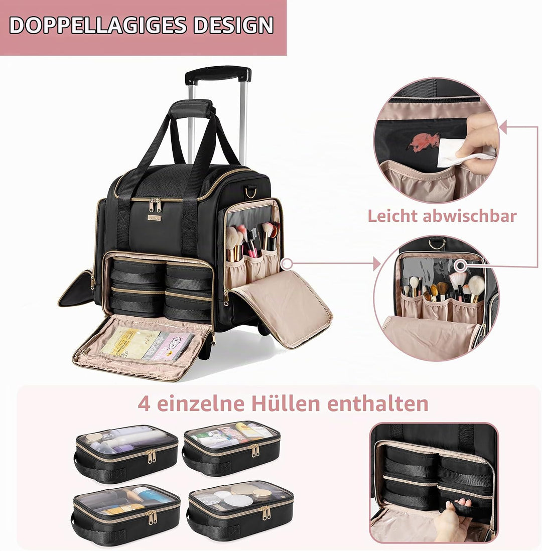 Rollbare Make-up Tasche mit 4 Einzelnen Koffern, professioneller Makeup Koffer mit Rollen Reisetasch