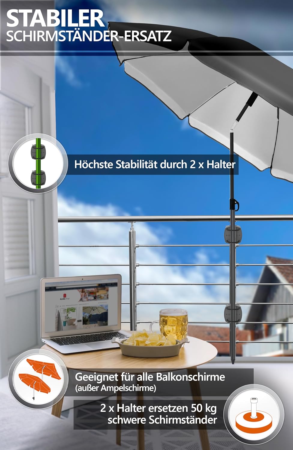 4smile Sonnenschirm Balkon SunnyJoy im 4er-Set - UPF 50+ Balkon Schirm + 2 x Sonnenschirmhalter Balk