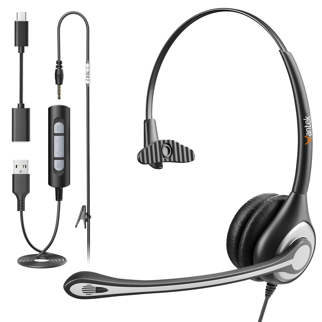Wantek PC-Headset mit Mikrofon,USB/3,5-mm/Type-c-Anschluss 3 In-1 USB Headset, Kabelgebundene &amp; Raus