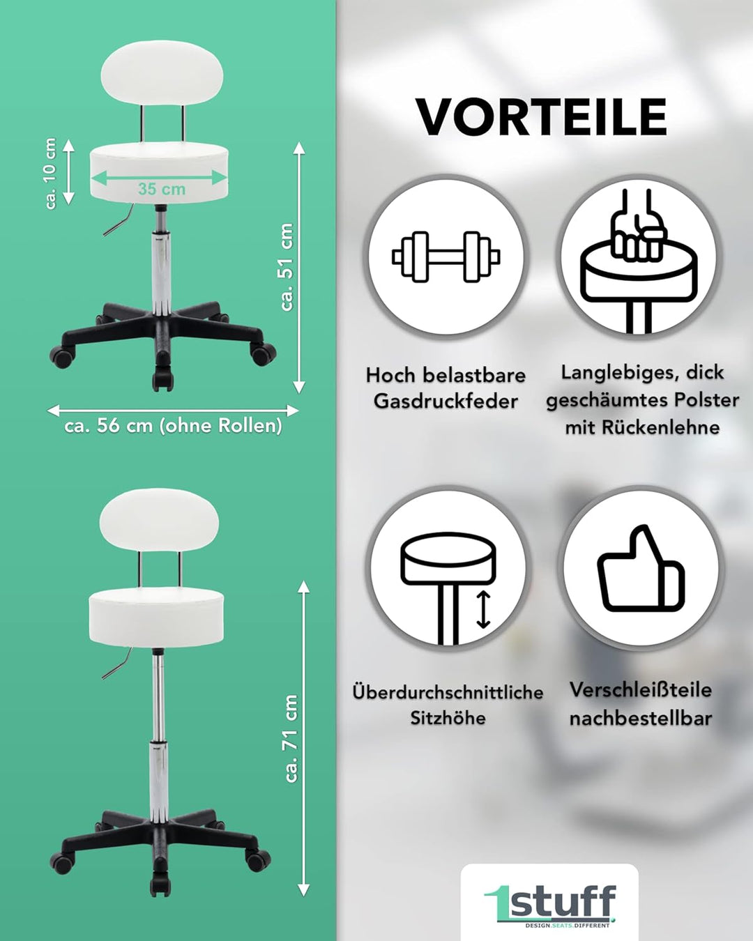 1stuff® Profi Rollhocker Drehhocker Squash - Sitzhöhee ca. 51-71cm - Arzthocker Arbeitshocker Büroho