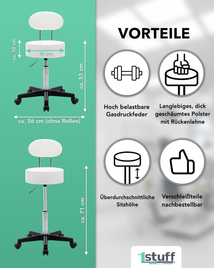 1stuff® Profi Rollhocker Drehhocker Squash - Sitzhöhee ca. 51-71cm - Arzthocker Arbeitshocker Büroho
