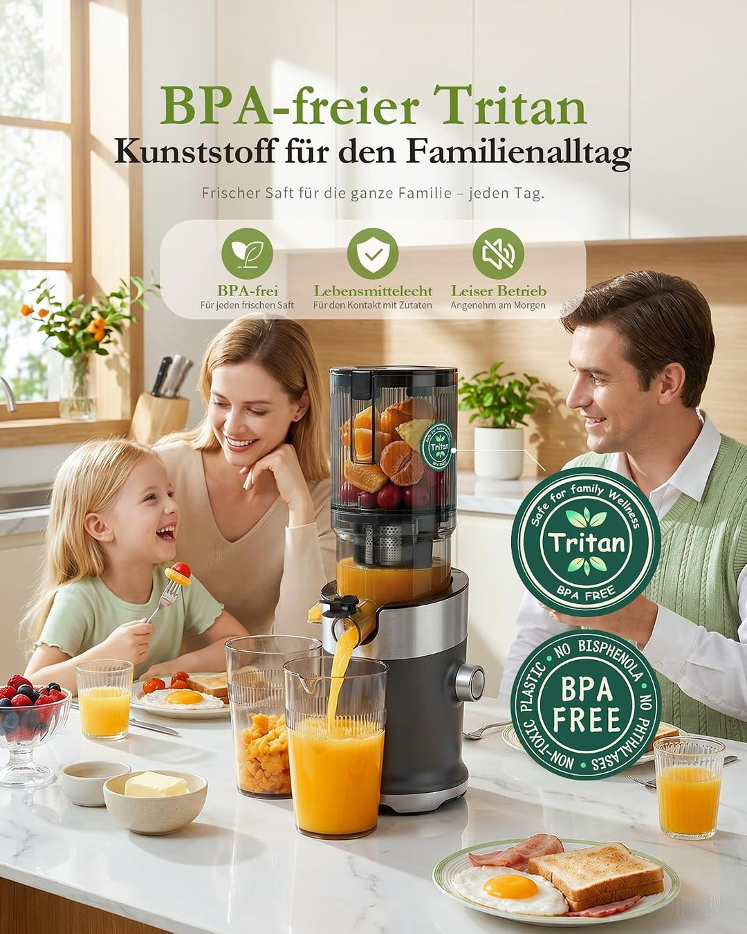 Entsafter BPA-frei Tritan, Slow Juicer für Gemüse und Obst Testsieger, 130 mm Einfüllöffnung, 1,5 L