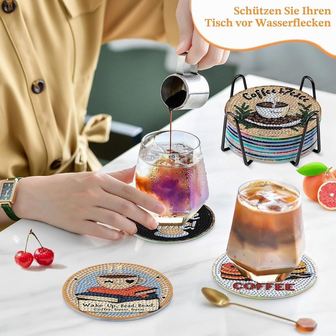 NAIMOER 8 Stück Kaffee Diamond Painting Untersetzer mit Halter, DIY Lowtea Diamant Tassenuntersetzer