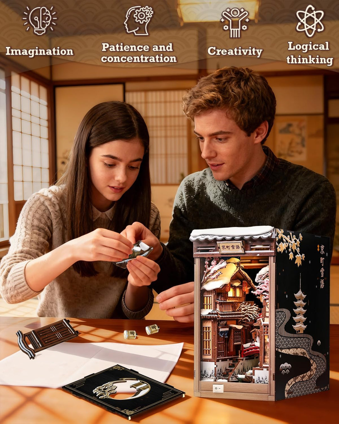 CUTEBEE Book Nook Kit - Japanischer Stil DIY Miniatur-Winterhaus, LED-beleuchtetes Buchregal-Deko Ga