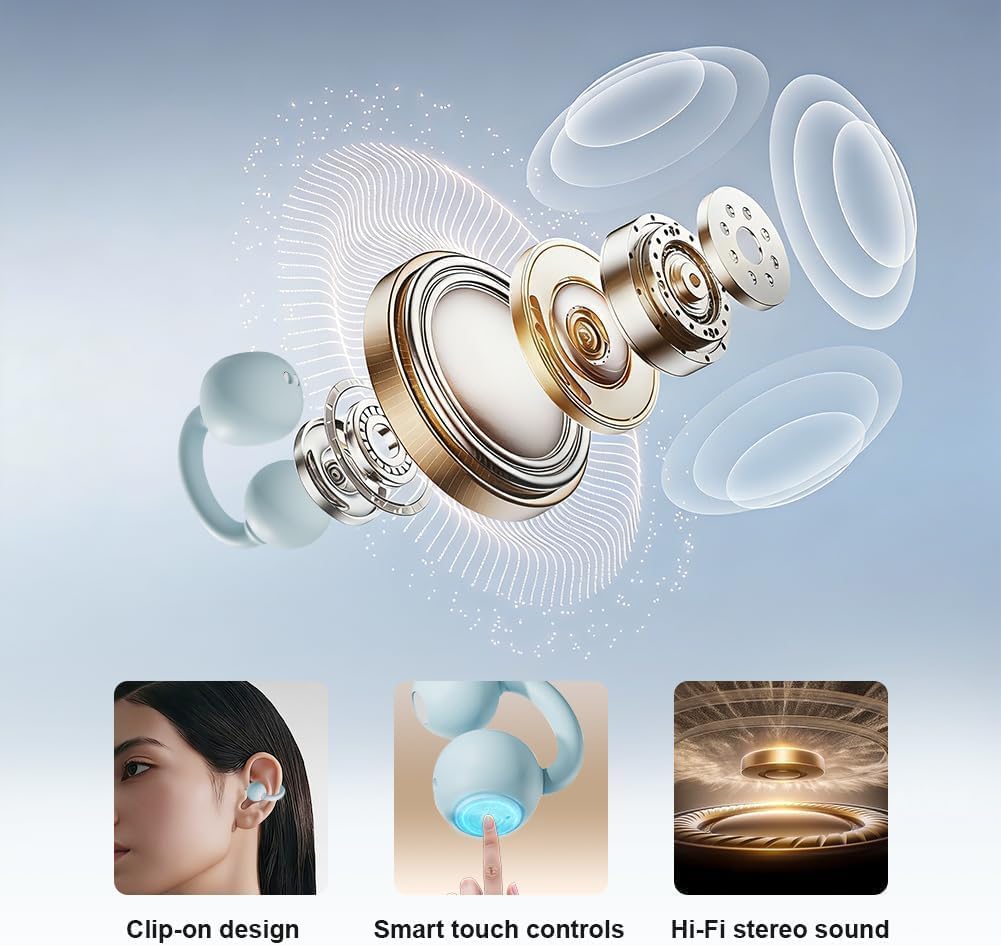 Open Ear Kopfhörer, Clip On Earbuds Kabellos Bluetooth 5.4, 48H Spielzeit, Komfortabler Sitz, Sport-