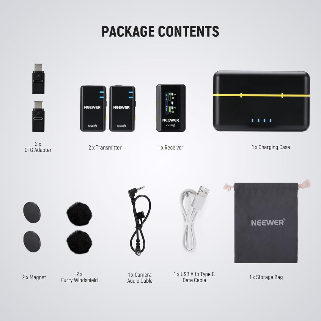 NEEWER CM28 Kabelloses Lavalier Mikrofonsystem mit Ladeetui, 1 klick Rauschunterdrückung, 4GB Speich