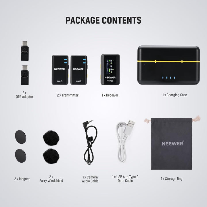 NEEWER CM28 Kabelloses Lavalier Mikrofonsystem mit Ladeetui, 1 klick Rauschunterdrückung, 4GB Speich