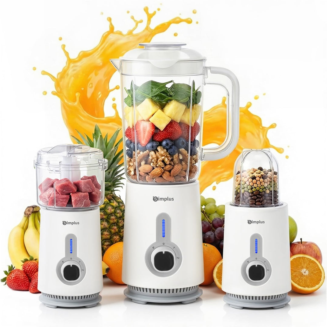 SIMPLUS 3-in-1 Standmixer & Smoothie Maker mit 1,25L Mixbecher, 500ml Fleischwolf & 300ml Mahlbecher