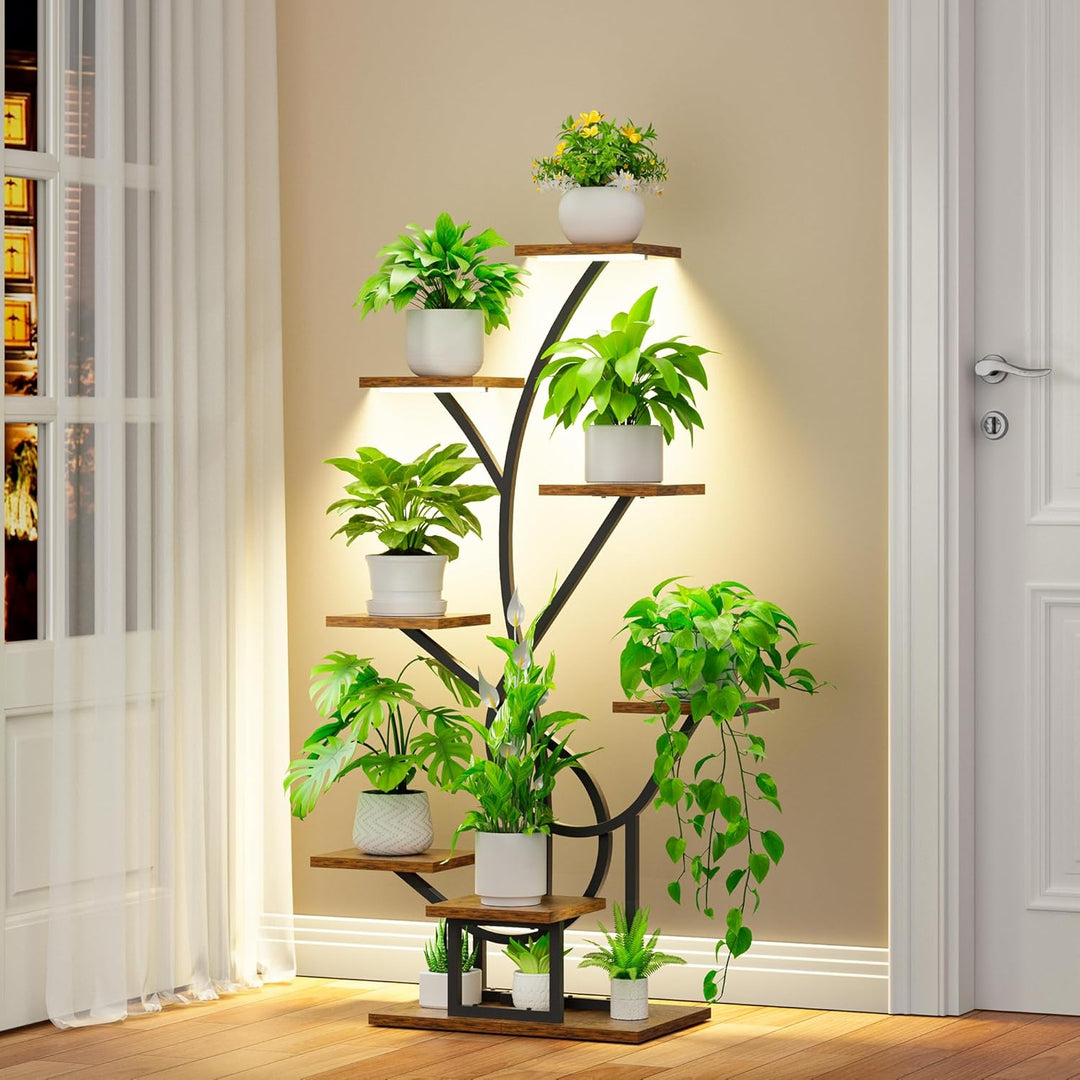 Pflanzenständer mit Wachstumslicht - 8 Ebenen Blumenständer 126cm Metall Holz Pflanzenregal - Innen