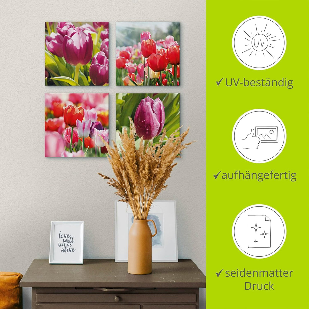 ARTLAND Leinwandbilder auf Holz Wandbild Bild Set 4 teilig je 40x40 cm Quadratisch Natur Blumen Tulp