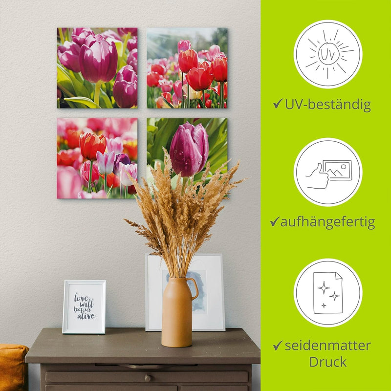 ARTLAND Leinwandbilder auf Holz Wandbild Bild Set 4 teilig je 40x40 cm Quadratisch Natur Blumen Tulp