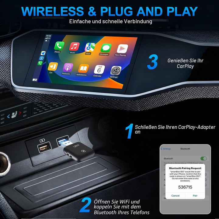 Wireless CarPlay Adapter 2-in-1, 2025 Aufgerüstet Wired zu Wireless für CarPlay/Android Auto, Mini-D