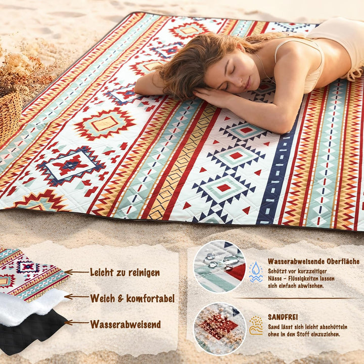 Picknickdecke 200x200cm XXL, wasserdichte sandfreie Stranddecke, 3-lagig gepolsterte isolierte Campi