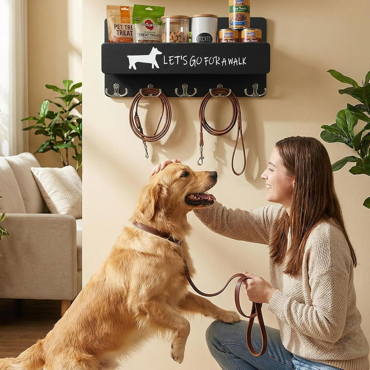 Hundegarderobe mit Ablage, Hundeleinenhalter Wand, Schwarz, Schwarz