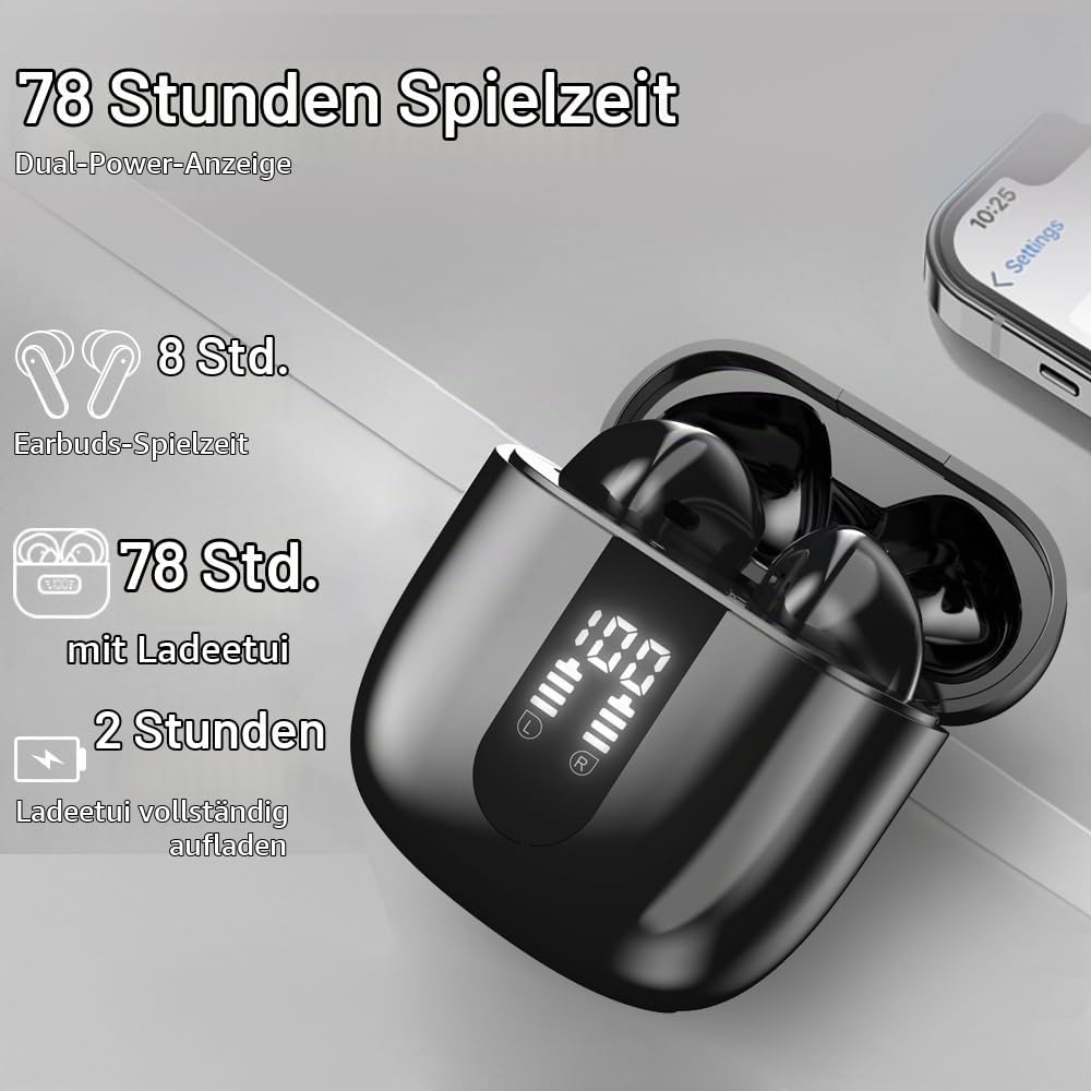 Kopfhörer Kabellos Bluetooth 5.4, In Ear mit 6 ENC Mikrofon Bluetooth Kopfhörer, 60 Std Stereo Kabel
